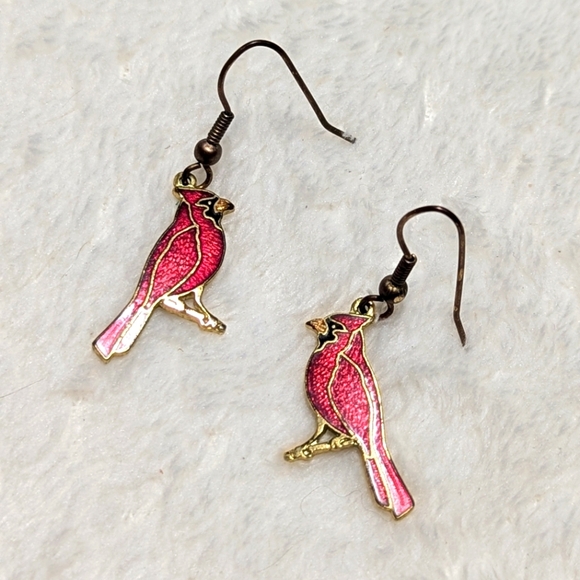 Vintage Cloisonne Red Cardinal Bird Earrings - Picture 2 of 5